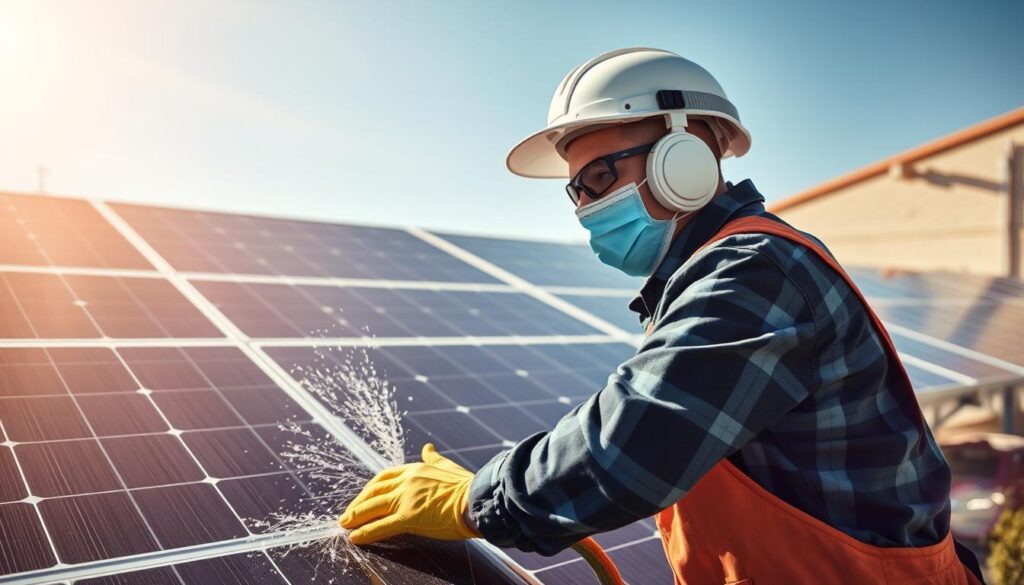 Generate an image of a technician using eco-friendly methods to clean solar panels.