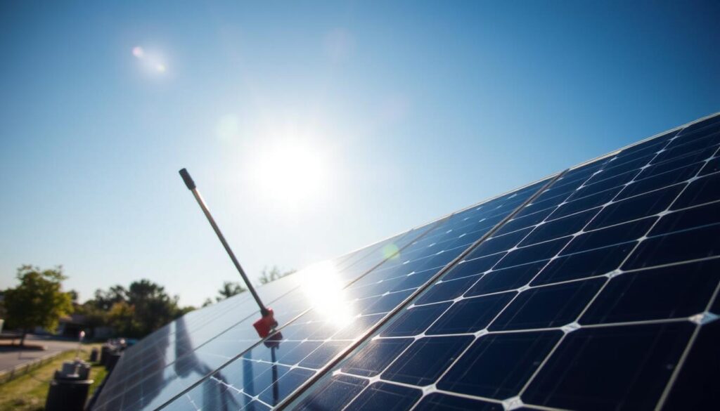 Generate an image of a veteran-owned business cleaning solar panels in Rochester, NY.