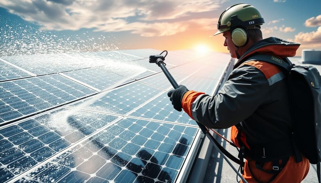 Generate an image of a window cleaning professional using a water-fed pole system to clean solar panels.