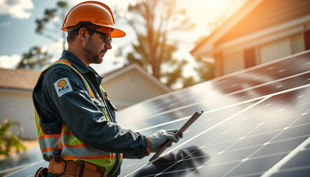 Generate an image of an AES technician inspecting a solar panel system on a home in Augusta, GA.