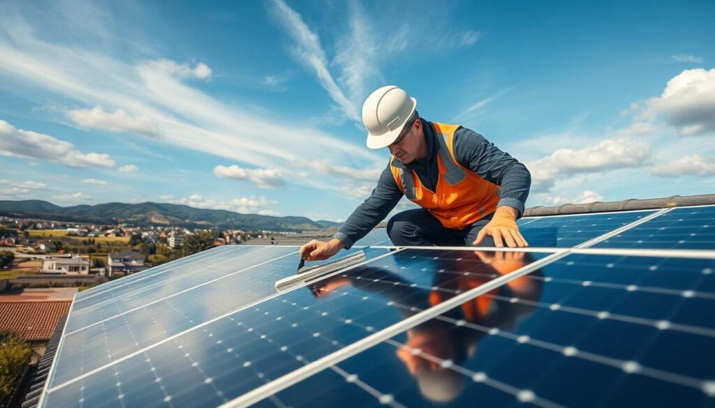 Generate an image of an Augusta Solar Solutions technician cleaning solar panels on a roof, with a background of Augusta's local landscape.