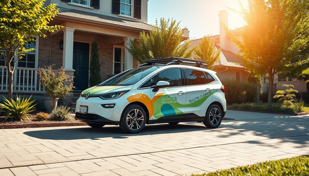 Generate an image of an Eco-Conscious Solar Cleaners' electric vehicle arriving at a customer's location.