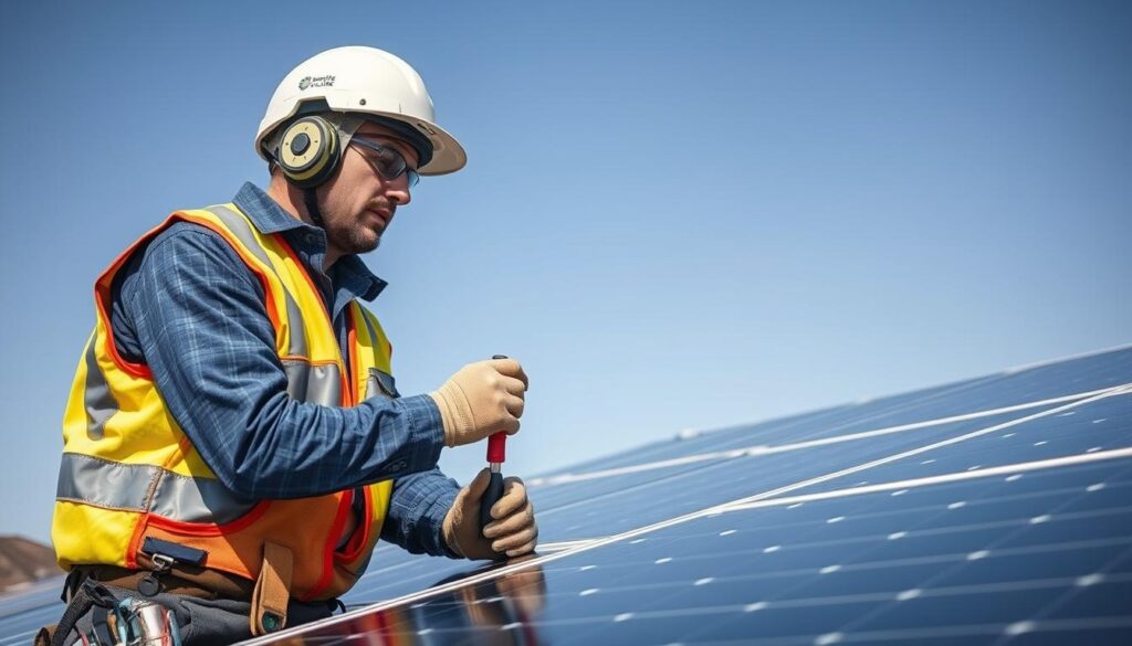 Generate an image of an Empire State Solar Care technician performing preventative maintenance on solar panels.