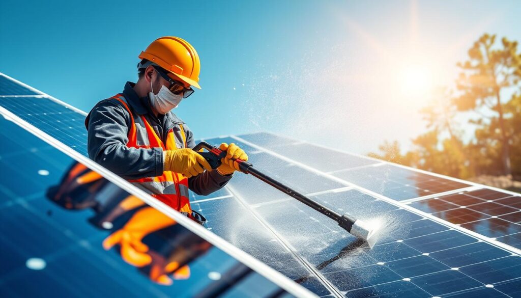 Generate an image of certified technicians using specialized equipment for solar panel cleaning.