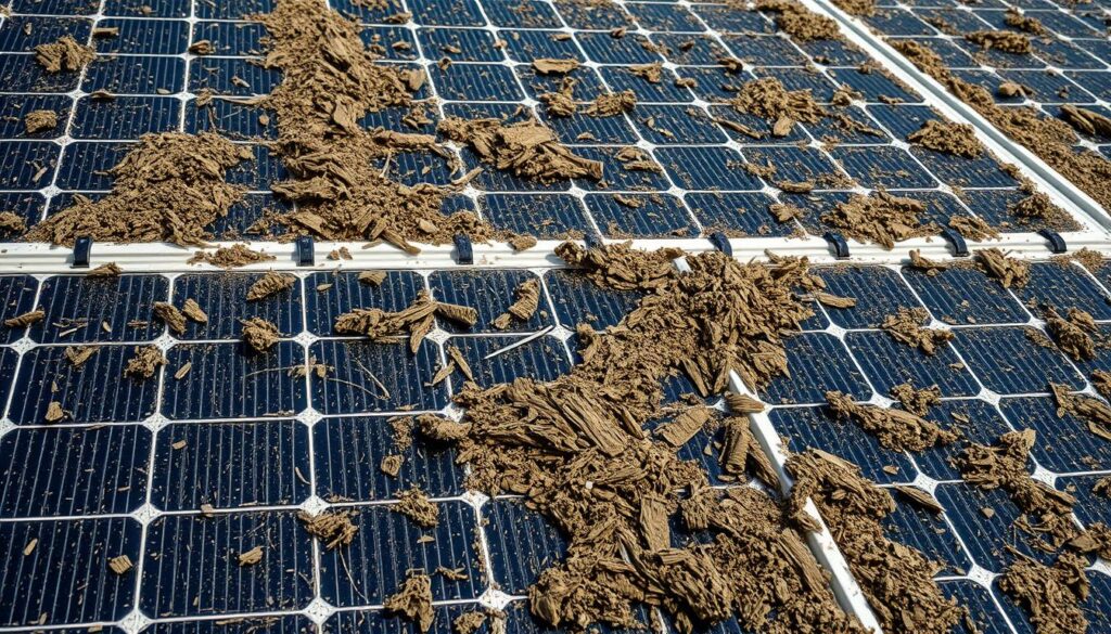 Generate an image of dirty solar panels with accumulated debris
