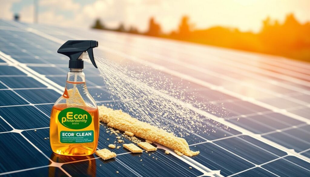 Generate an image of eco-friendly cleaning products being used on solar panels.