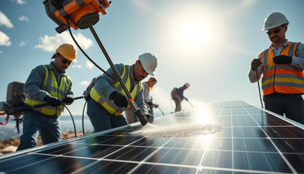 Generate an image of professionals cleaning solar panels with specialized equipment.