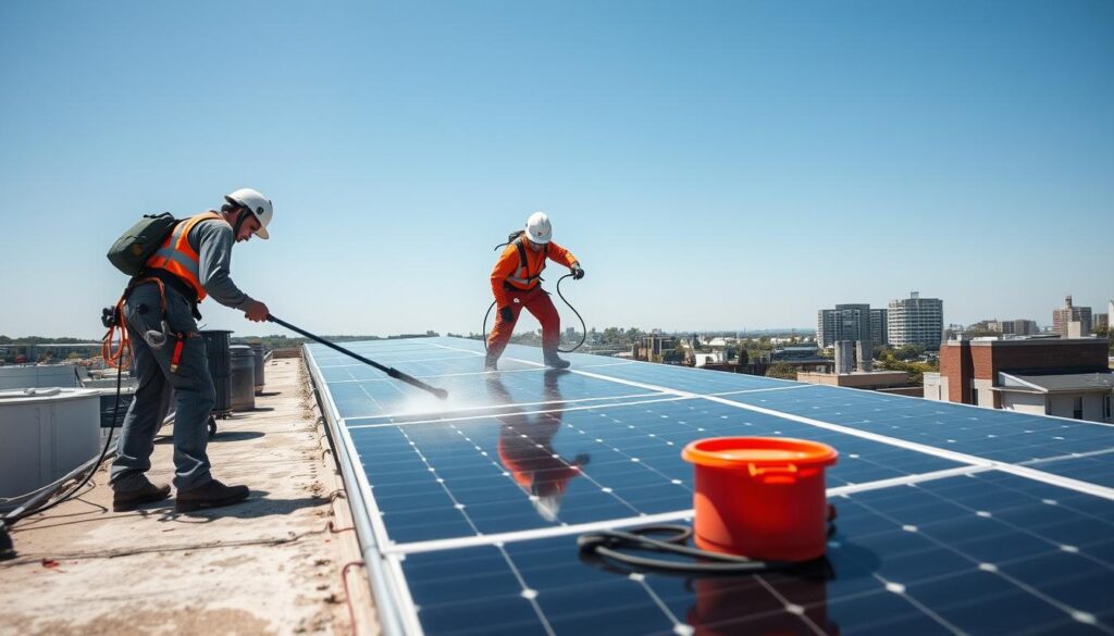 Generate an image of solar panels being cleaned by professionals in Clifton, NJ