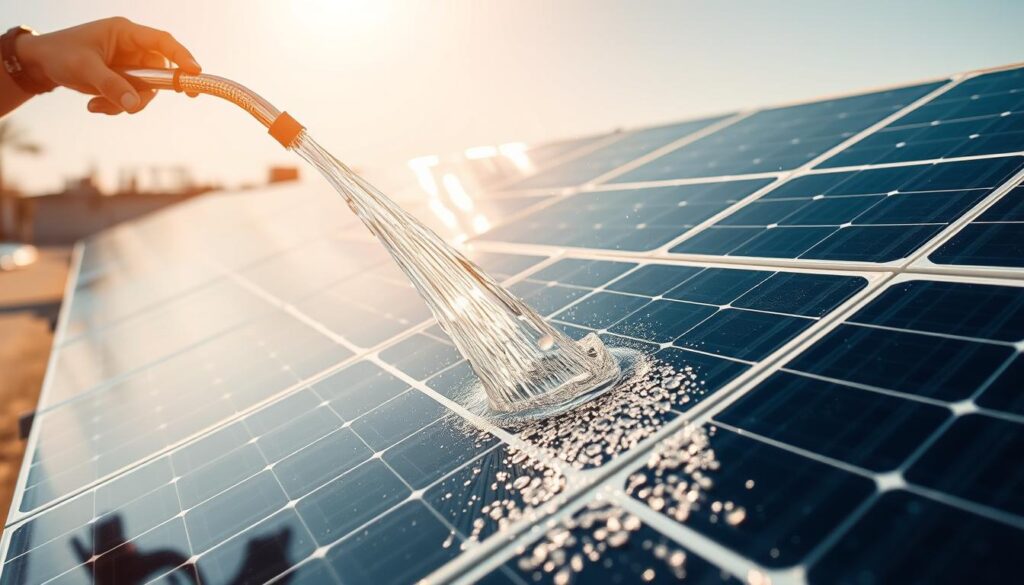 Generate an image of solar panels being cleaned with pure water technology, resulting in spot-free panels.