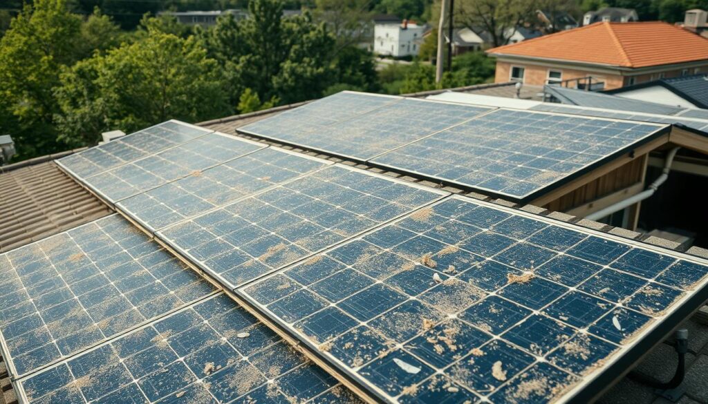 Generate an image of solar panels on a roof in Durham, NC, with visible dust and debris accumulation.