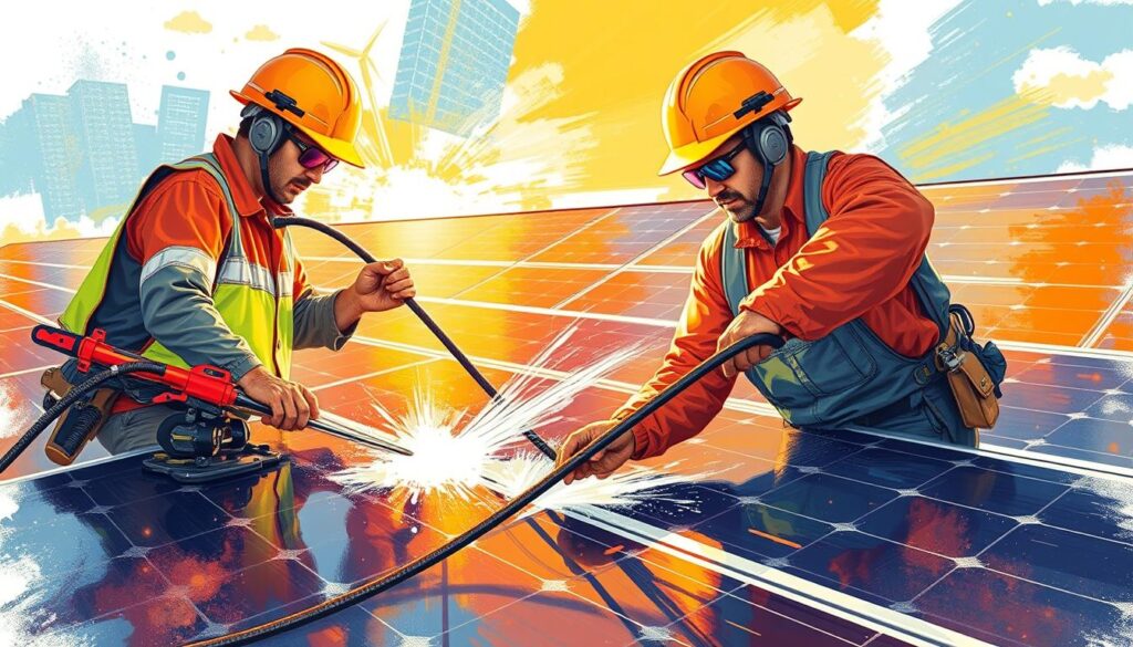 Generate an image of technicians from Carolina Solar Panel Maintenance using specialized cleaning techniques on solar panels.
