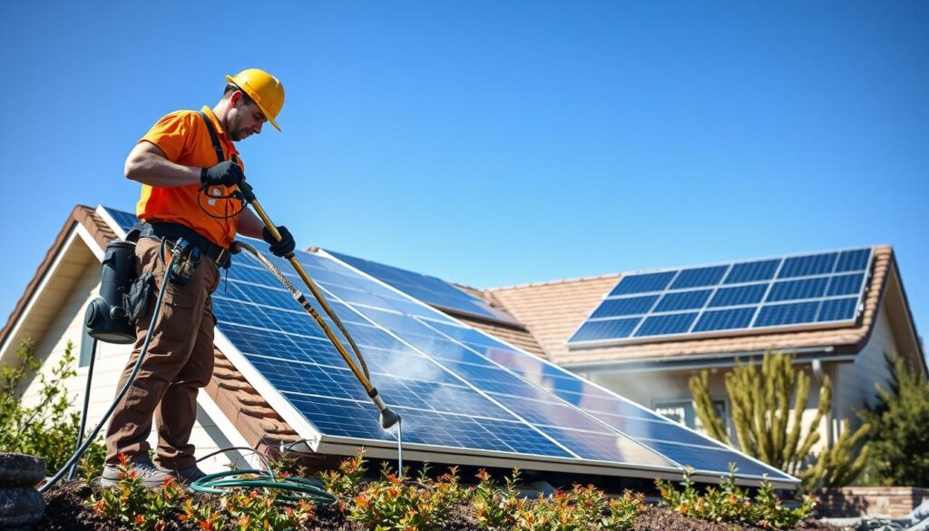 Generate an image of technicians from Utah Solar Panel Maintenance cleaning solar panels on a house from ground level using specialized equipment.