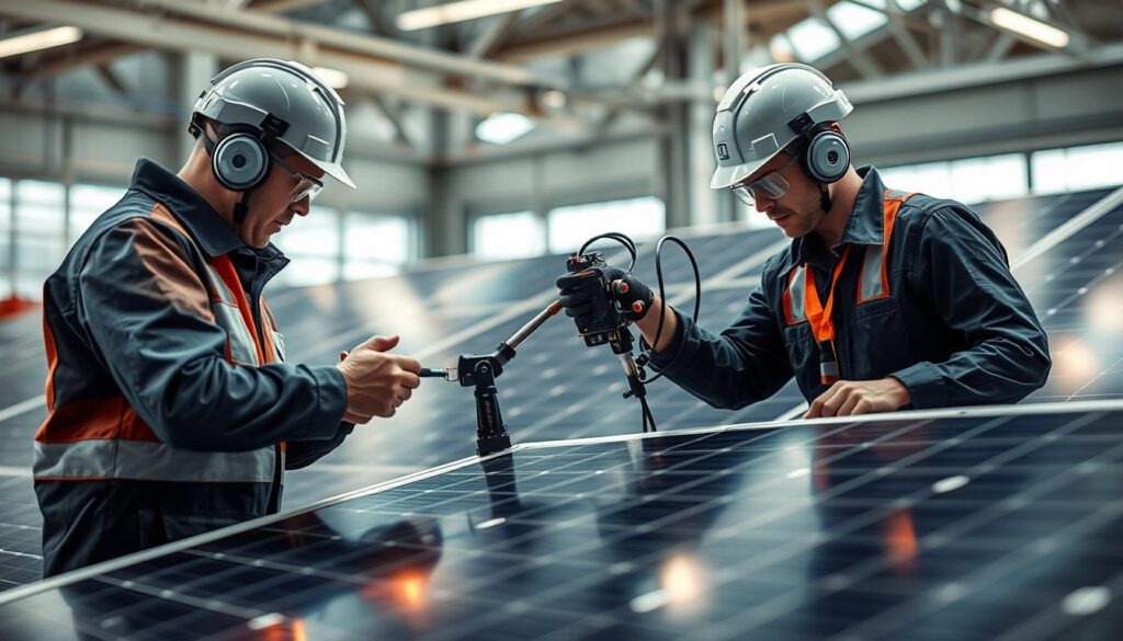 Generate an image of technicians using advanced equipment to optimize solar panel performance.