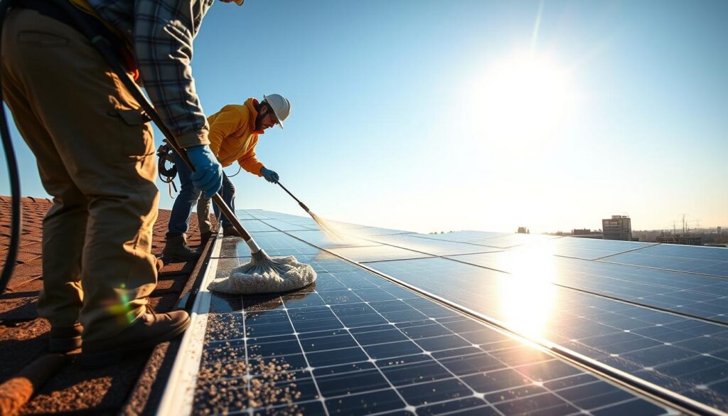 High-resolution, hyper-realistic image of a professional solar panel cleaning service in action on a rooftop in North Carolina. Bright, warm sunlight illuminates the scene, casting long shadows. In the foreground, a team of workers wearing protective gear carefully wipe down the solar panels with specialized microfiber cloths, removing accumulated dirt and grime. The middle ground shows the expansive array of solar panels covering the rooftop, and in the background, a cloudless blue sky provides a serene backdrop. The image conveys the expertise and diligence required for professional solar panel maintenance, highlighting the difference between DIY and professional cleaning methods.