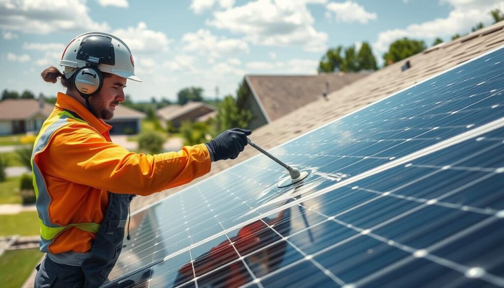 Image generation prompt: A professional technician from Sunpro Solar cleaning solar panels on a residential roof in Jonesboro, AR.