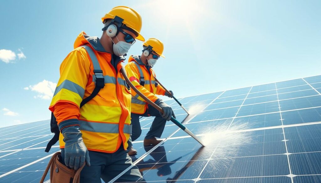 Image generation prompt for All Pro Solar Panel Cleaning: Technicians in safety gear cleaning solar panels on a commercial building.