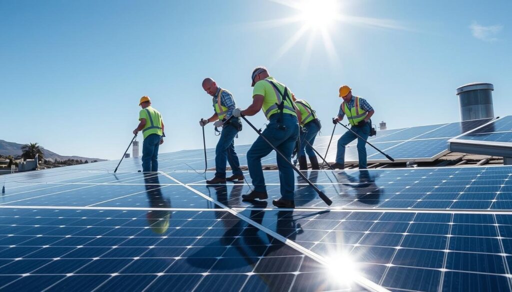 Image generation prompt for Bay Area Solar Panel Cleaning Service: A team cleaning solar panels on a varied rooftop installation.