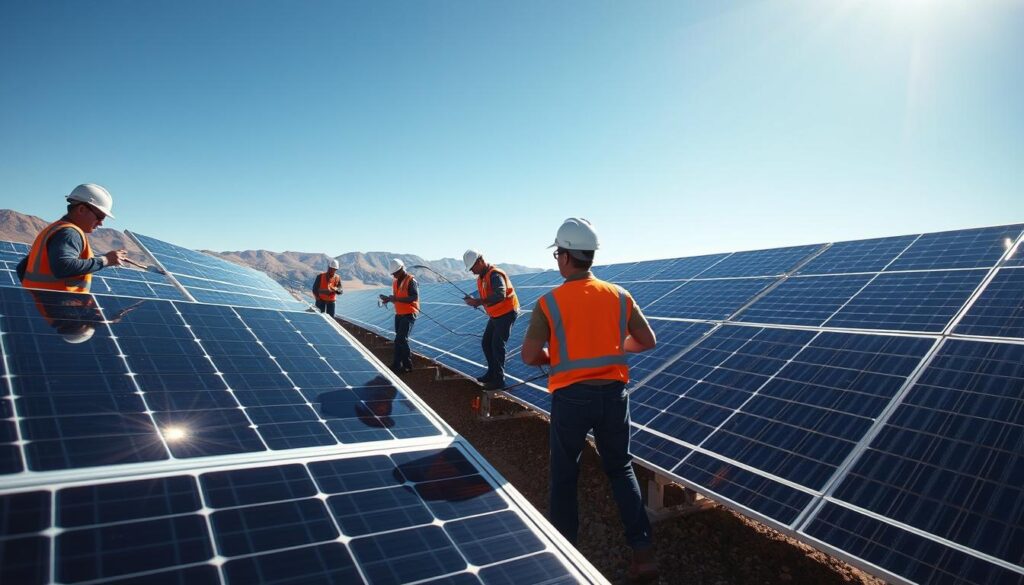 Image generation prompt for Bright Panel Solutions: A professional team cleaning solar panels in West Valley City, UT.
