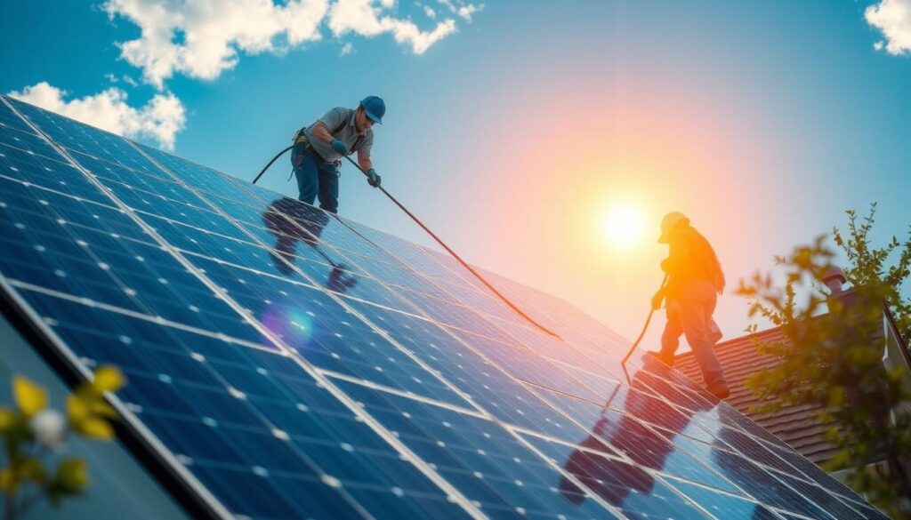 Image generation prompt for Clearview Washing, LLC solar panel cleaning service in Clifton, NJ