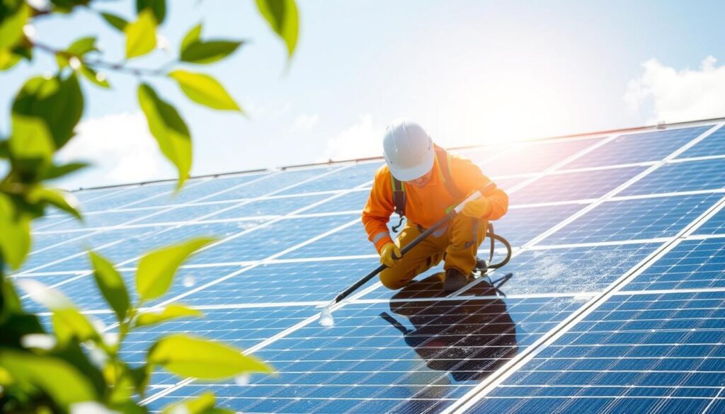 Image generation prompt for EcoShine Solar Maintenance's eco-friendly solar panel cleaning