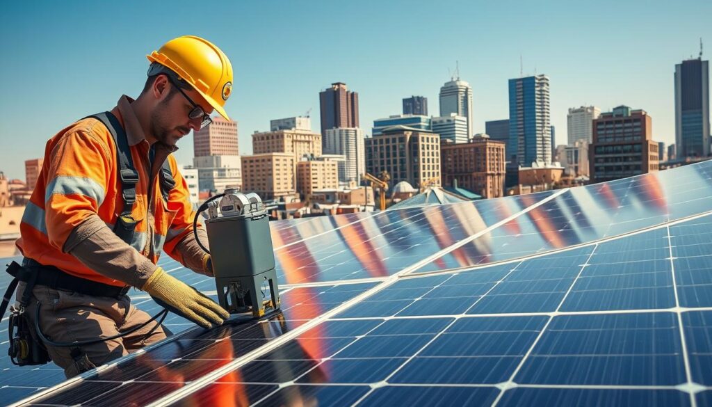 Image generation prompt for Oakland Solar Panel Maintenance Experts: Technicians inspecting solar panels with a background of Oakland's skyline.