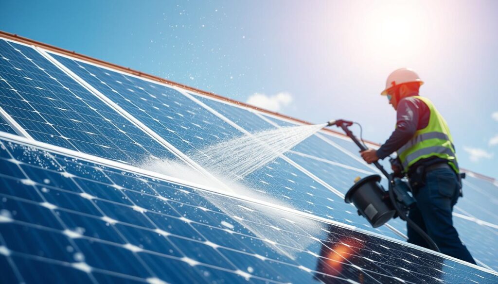 Image generation prompt for Power Washing Genie's solar panel cleaning service