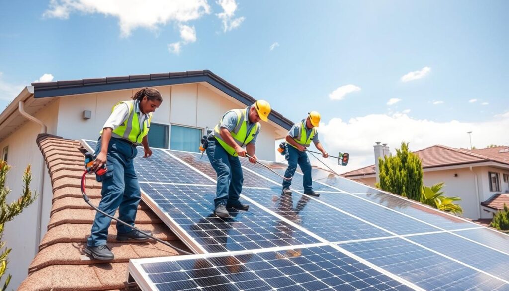 Image generation prompt for Smart Solar Cleaning: A family-owned business with a team in uniform cleaning solar panels on a residential roof in Oakland.