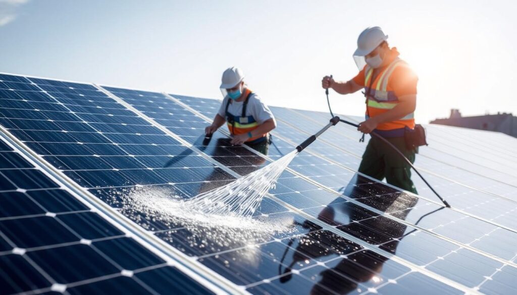 Image of 1st Choice Solar Cleaning team using purified water to clean solar panels