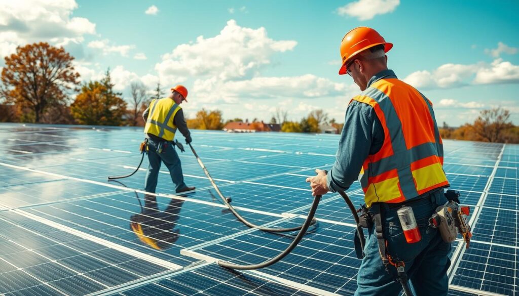 Image of AEC Solar Panel Cleaning technicians at work in Albany, NY