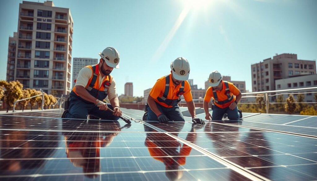 Image of Austin Solar Solutions technicians cleaning solar panels