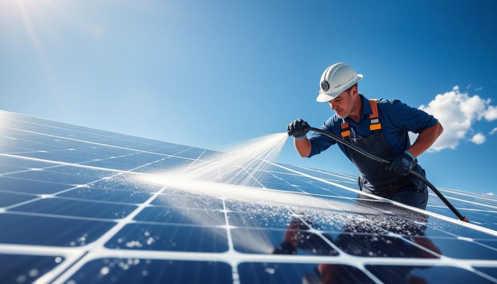 Image of Bright Brothers technicians using de-ionized water system to clean solar panels