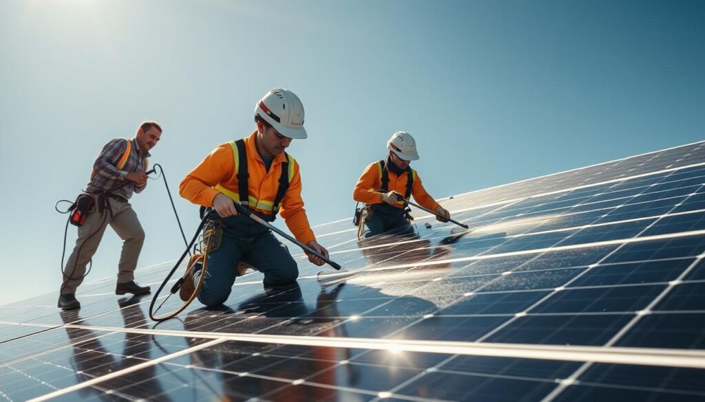 Image of Call Mella Solar Panel Maintenance team cleaning solar panels