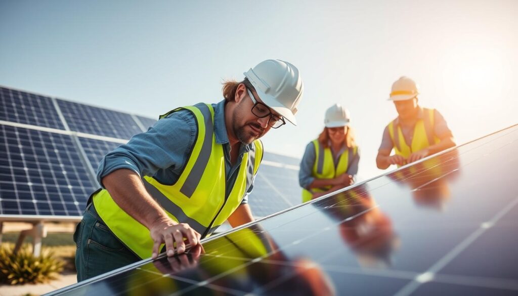 Image of Carolina Clean Energy Services team inspecting solar panels