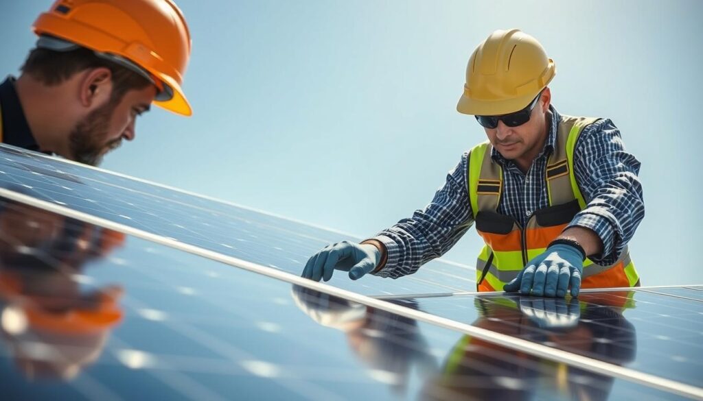 Image of Carolina Solar Cleaning technicians inspecting and maintaining solar panels