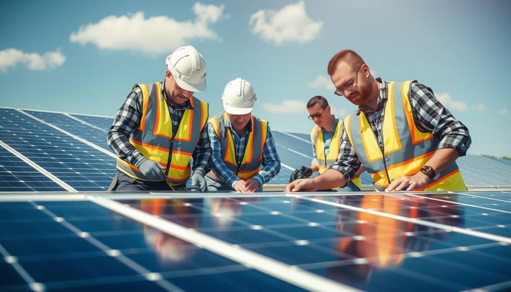 Image of Clean Energy Solutions team inspecting and cleaning solar panels