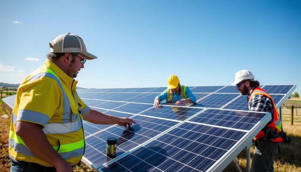 Image of Clean Energy Solutions team servicing solar panels in a rural area
