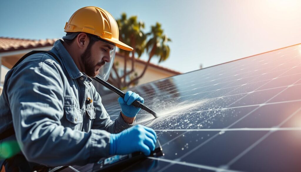 Image of Clean Solar San Jose's technicians cleaning residential solar panels
