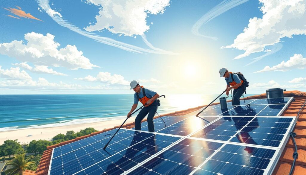 Image of Clean Solar Solutions Texas team cleaning solar panels on a residential roof in Corpus Christi