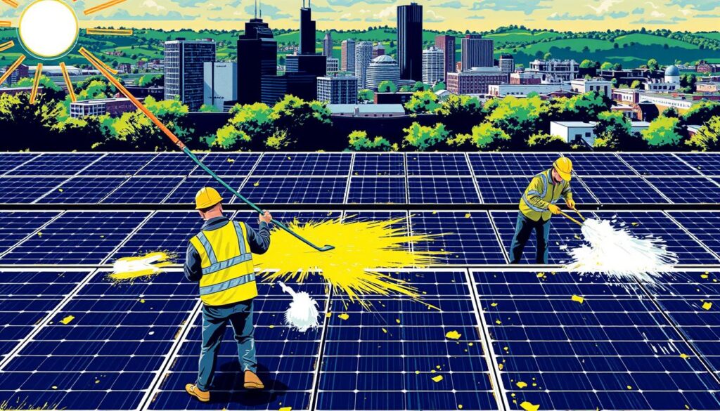 Image of Clean Solar Solutions team cleaning solar panels in Rochester, NY