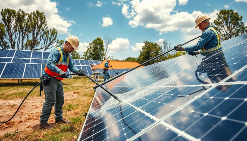 Image of Clean Solar Solutions technicians cleaning solar panels from the ground