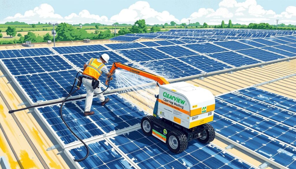 Image of Clearview Washing, LLC cleaning commercial solar panels
