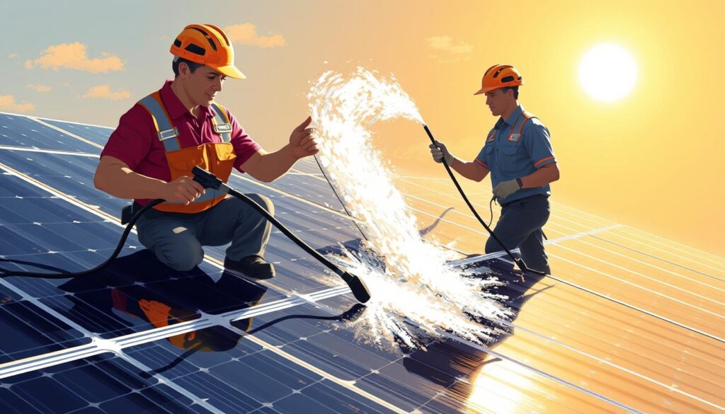 Image of Clearview Washing's technicians cleaning commercial solar panels