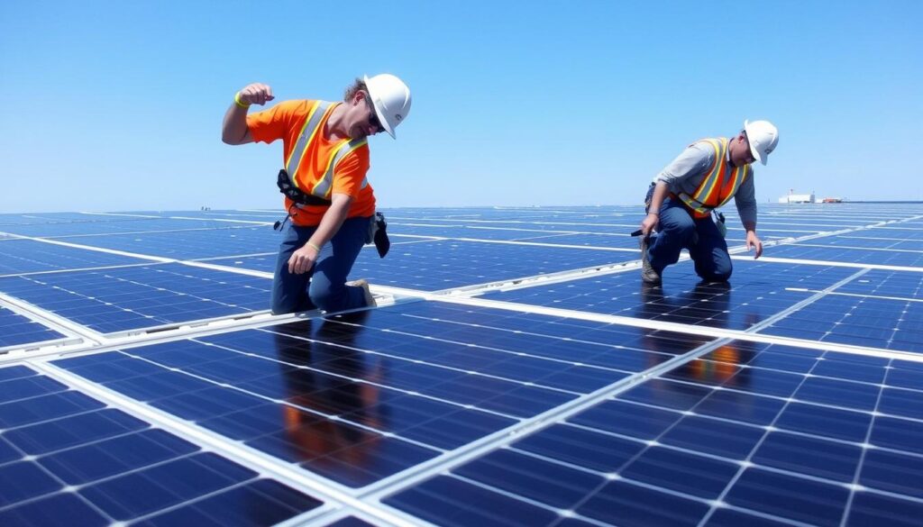 Image of Coastal Clean Energy Solutions' technicians cleaning solar panels in Chesapeake, VA