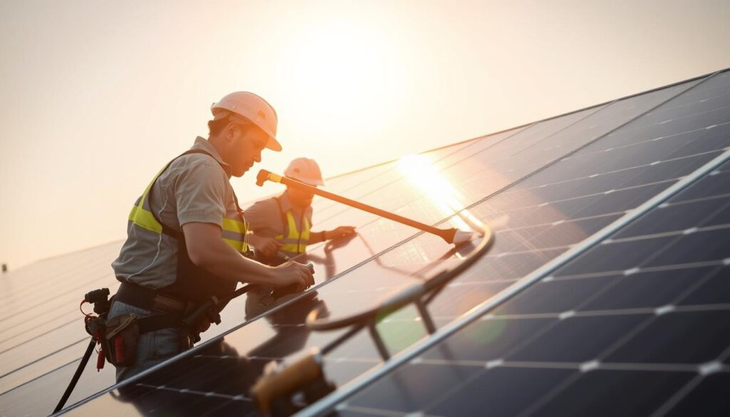Image of Critter Guard Solar Solutions team cleaning solar panels