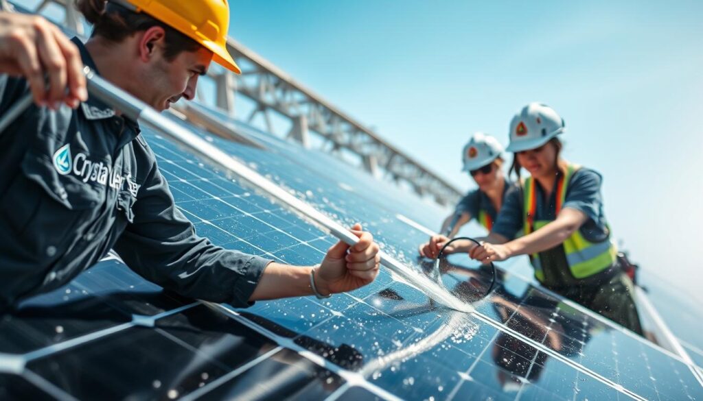 Image of Crystal Clear Solar Solutions cleaning solar panels with pure water