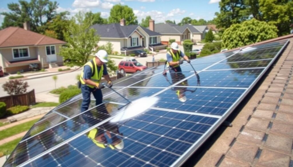 Image of Crystal Clear Solar Solutions technicians cleaning solar panels in a Naperville neighborhood