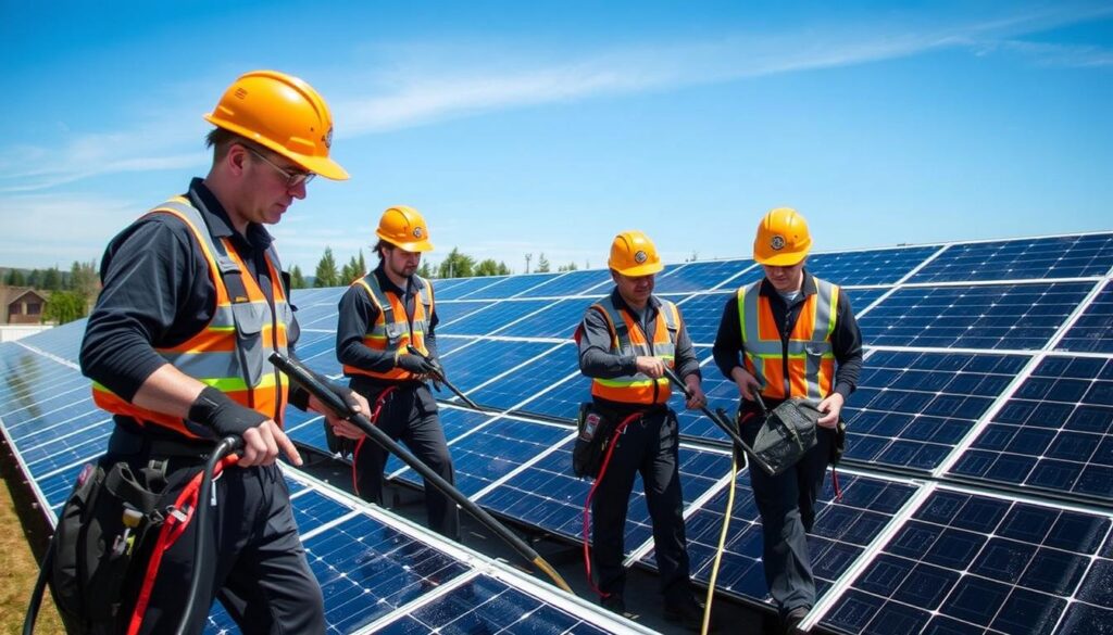 Image of Diamond in the Rough Exterior Cleaning team in uniform cleaning solar panels in Vancouver, WA.