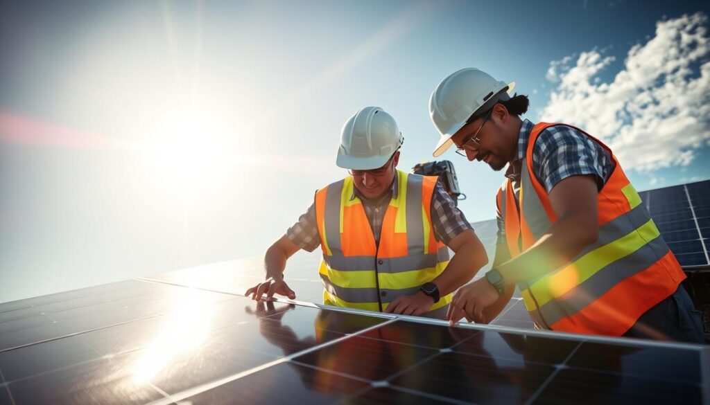 Image of East Orange Solar's team inspecting solar panels