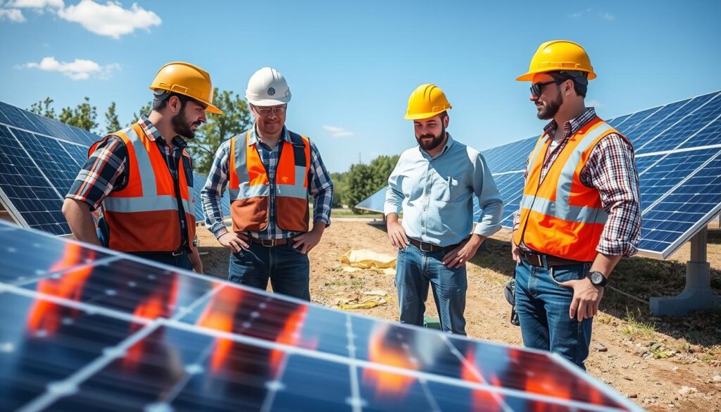 Image of EcoGen America team inspecting solar panels