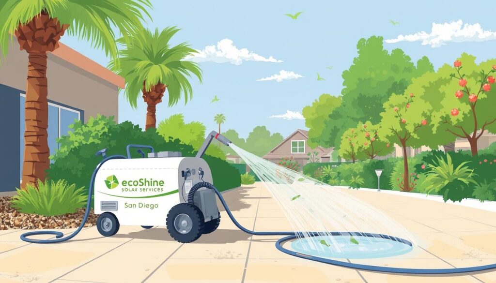 Image of EcoShine Solar Services' eco-friendly cleaning equipment in action in San Diego